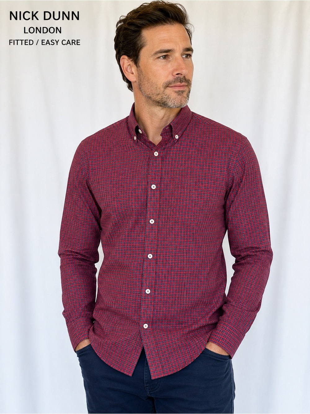 Nick Dunn London Men’s Red Plaid Button Down Shirt Fitted Easy Care Long Sleeve
